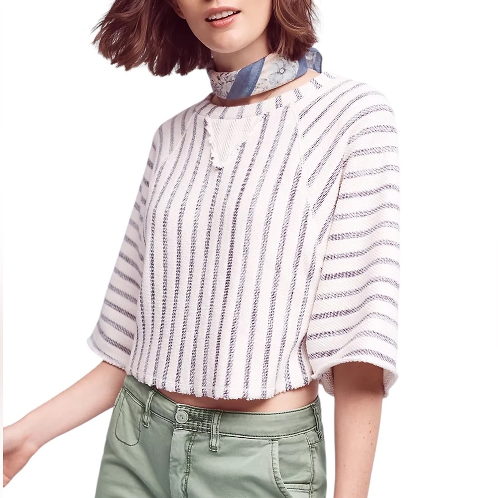 Anthropologie Dolan Coastal Stripes Terry Frayed Cropped Pullover Top - M